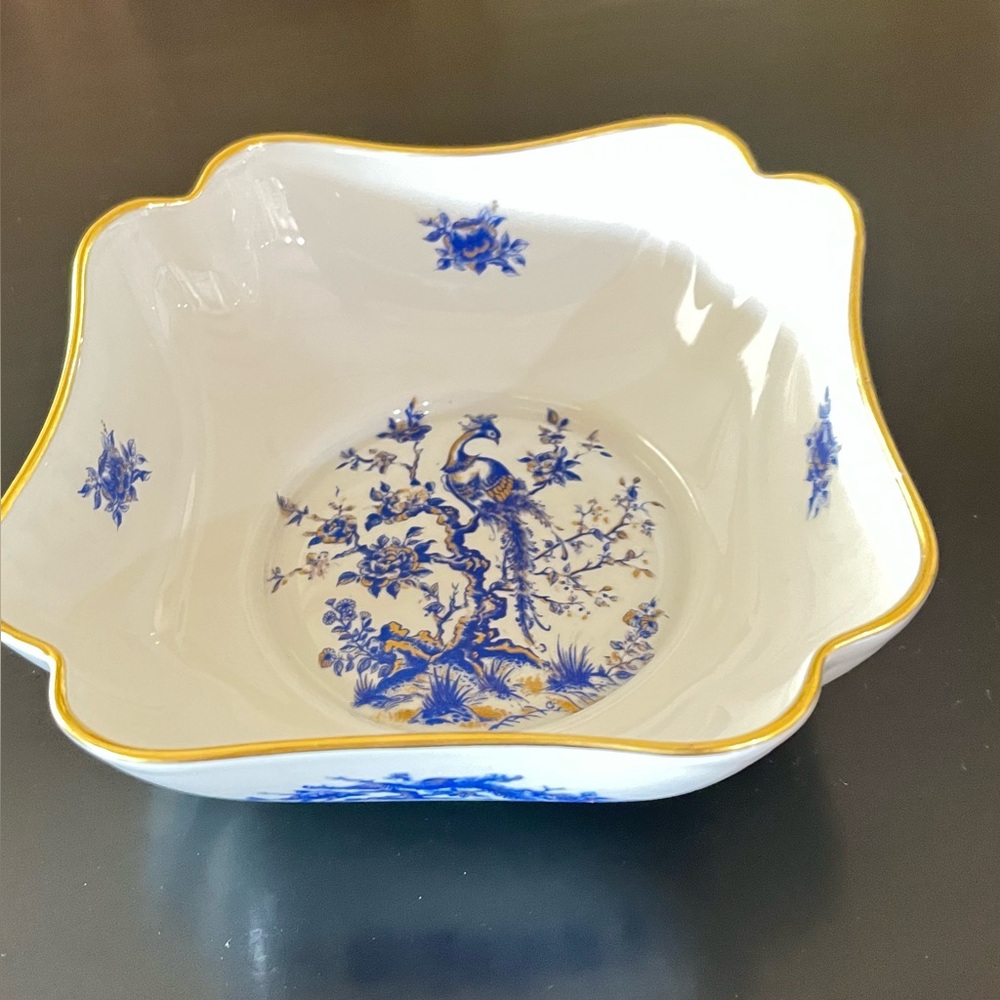 Ceramic Limoges/France white with blue peacock design candy dish